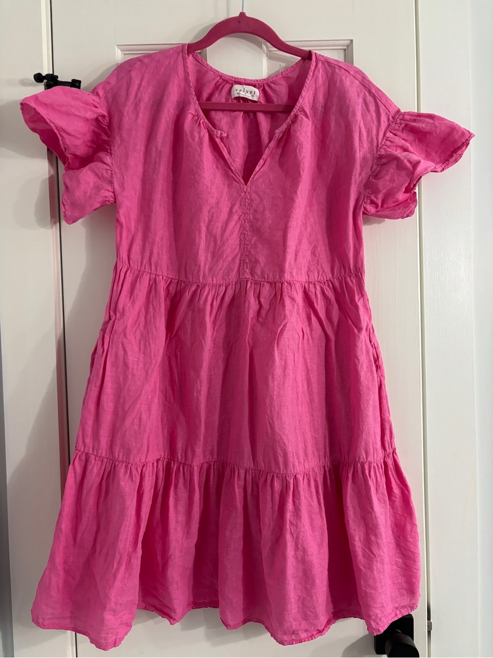 Velvet Linen Pink Tiered Mini Dress - Size Small